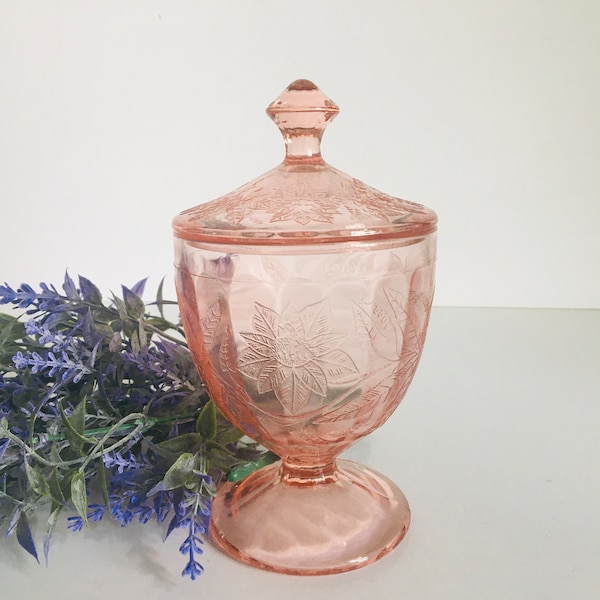 Jeanette Glass Pink Floral Candy Jar W/Lid ,Jeanette Pink Depression Poinsettia Candy Jar W/Cover, Pink Depression Antique Floral Candy Jar