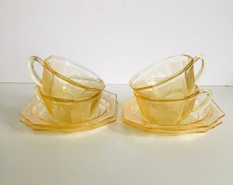 Set Of Four Topaz Depression Princess Cups W/Saucers ,  Hocking Glass Topaz/Apricot Princess Glass Tea/Coffee Service Set