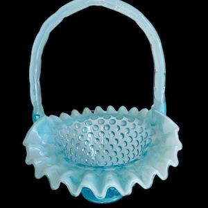 Fenton Art Glass Basket: Opalescent Blue Hobnail with Applied Handle