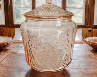 Hazel Atlas Royal Lace Biscuit Jar , Pink Depression Royal Lace Cookie Jar W/Lid , Antique Biscuit Jar With Cover , Vintage Farmhouse Decor