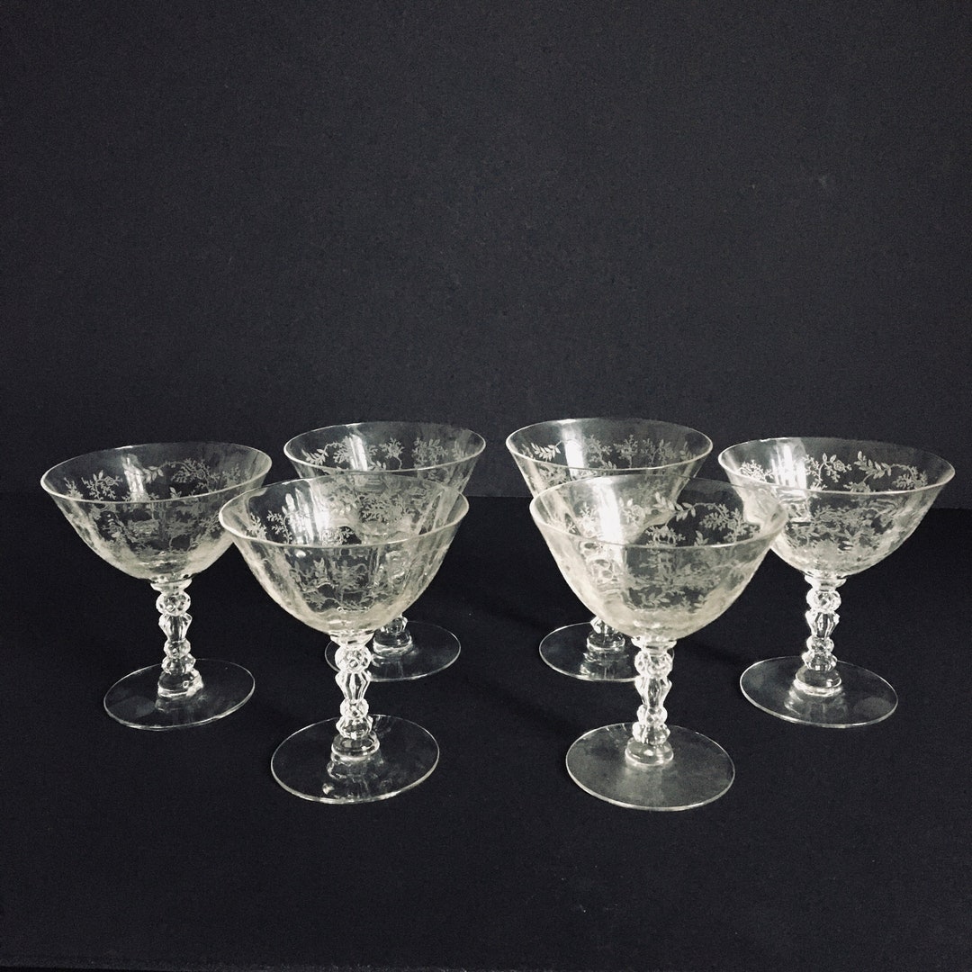 Set of 6 Fostoria Chintz Champagne Coups , Greenbriar 6026 Etched