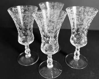 Set Of Four Cambridge Chantilly 10 ounce Dinner Water Goblets , Cambridge Etched Fine Crystal Blown Water Or large Wine Glasses