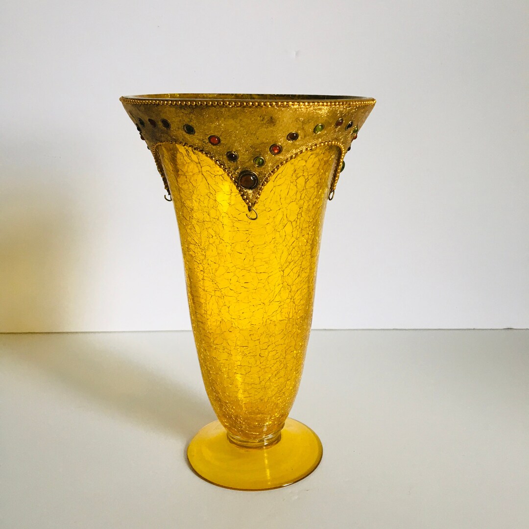 Vintage Amber Crackle Glass Footed Vase , Amber/yellow Gold Crackle