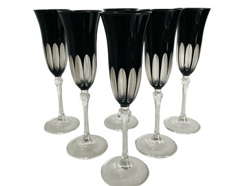 Set Of 6 Black Champagne Flutes/Glasses , Vintage Hand Cut To Clear Black Fluted Champagne Glasses , Elegant Upscale Vintage Stemware