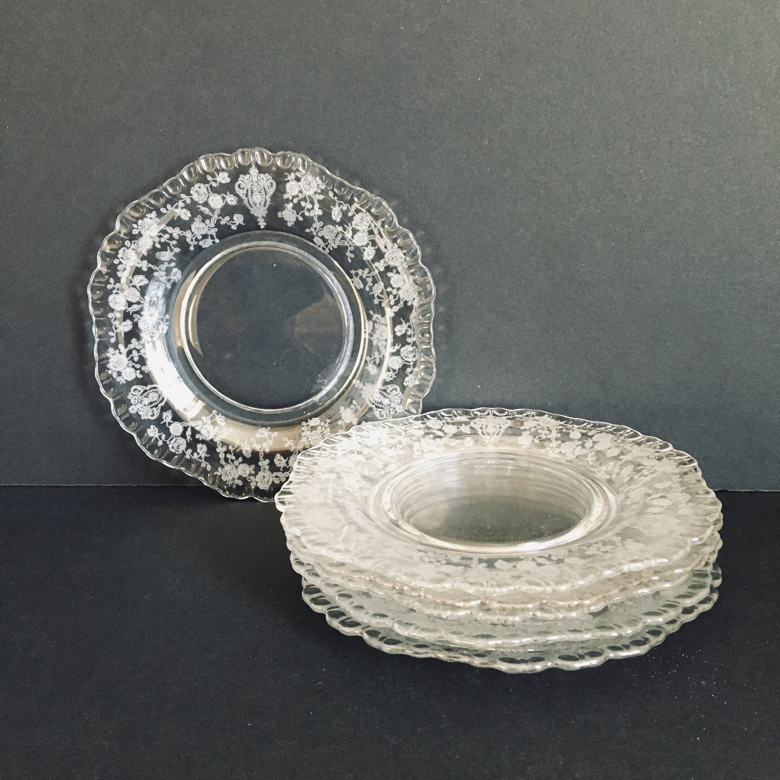 Cambridge Glass Rose Point Bread and Butter Plates , Crystal