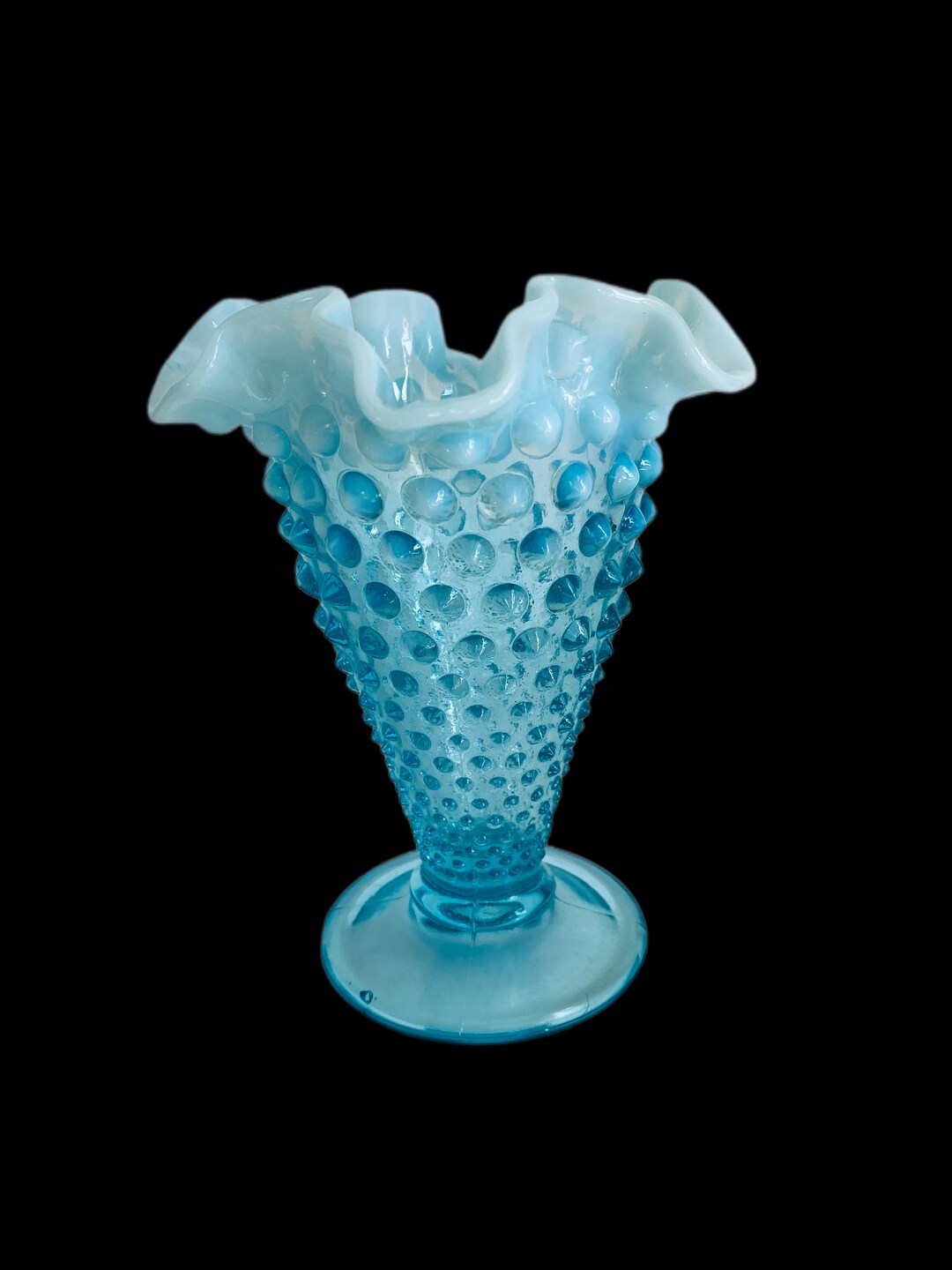 Vintage Fenton Blue Opalescent Hobnail Vase: Double Crimped Cone Vase ...