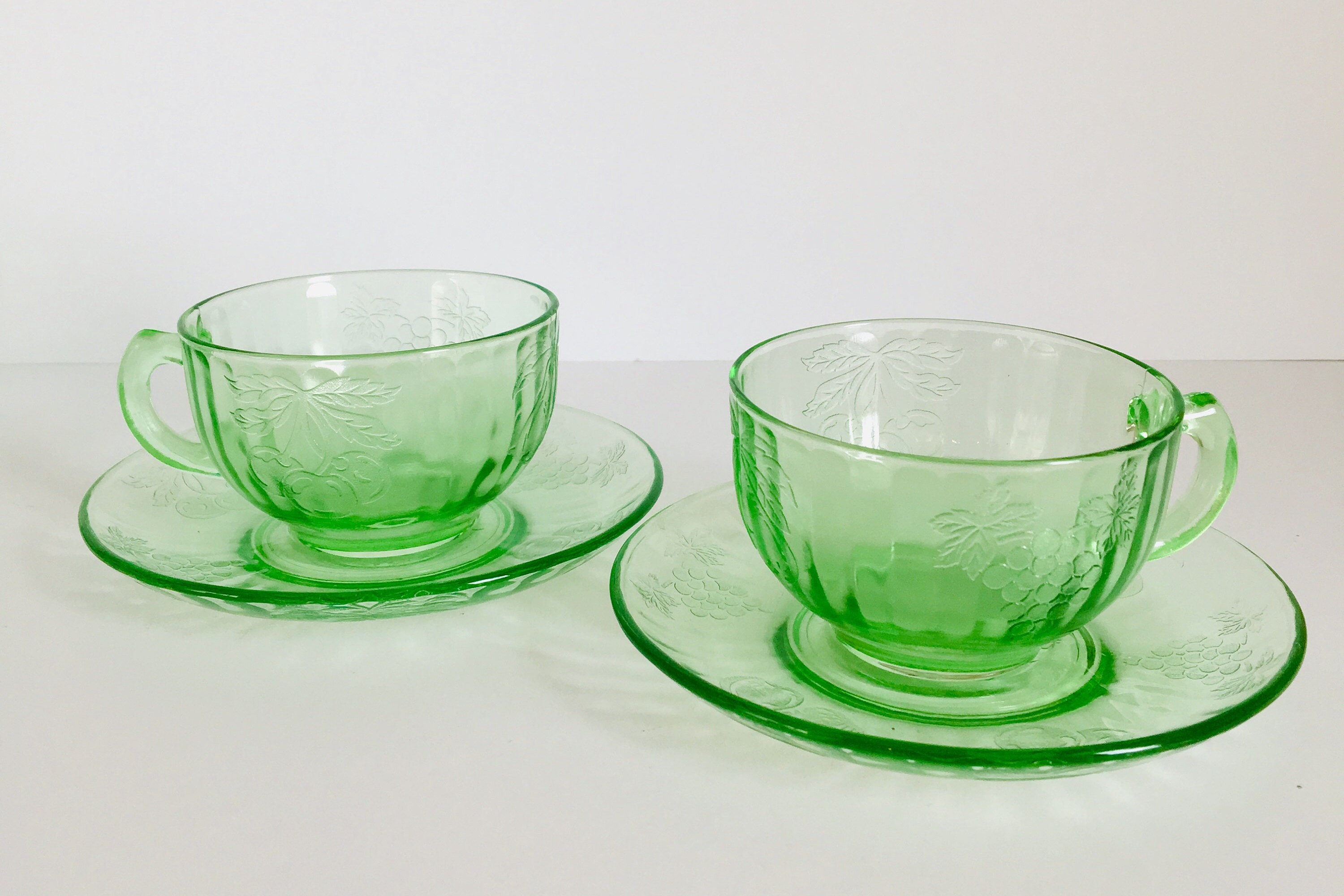 Green Depression Glass Fruits Set of 4 Cups and Saucers green Etsy