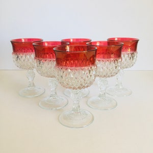 Indiana Glass Kings Crown Ruby Flashed Wine Goblets: Diamond Point Barware