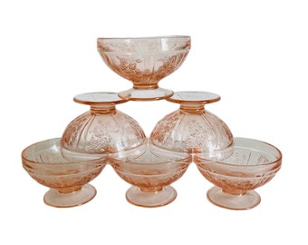 Set Of Six Federal Glass Depression Sharon Sherbets , Pink Sharon/Cabbage Rose Depression Glass Sherbets , Pink Depression Dessert Dishes