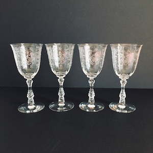 Set Of Four Fostoria Crystal Navarre Water Goblets , Etch #327 Navarre 10 Ounce Goblet , Navarre #6016 Wima Stem Elegant Crystal Goblet