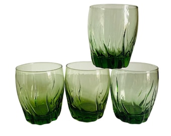 Ivy Green Old Fashioned Glasses , 4  Anchor Hocking Starfire Twist Green Glasses ,Green Low Ball Barware Glasses , Vintage Whiskey Tumblers