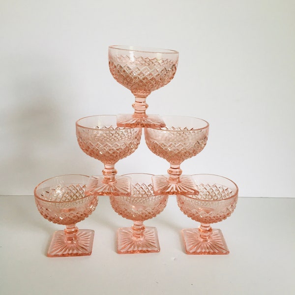 Set Of Six Hocking Glass Miss America Sherbet Dishes , Pink Depression Miss America Dessert bowls , Pink Depression Champagne Coups