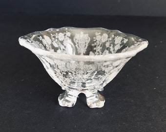 Cambridge Glass #3400/70 Rose Point Nut Bowls , 7 Individually Priced Etched Rose Point Crystal Nut Bowls Footed  , Rose Point Nut Bowls