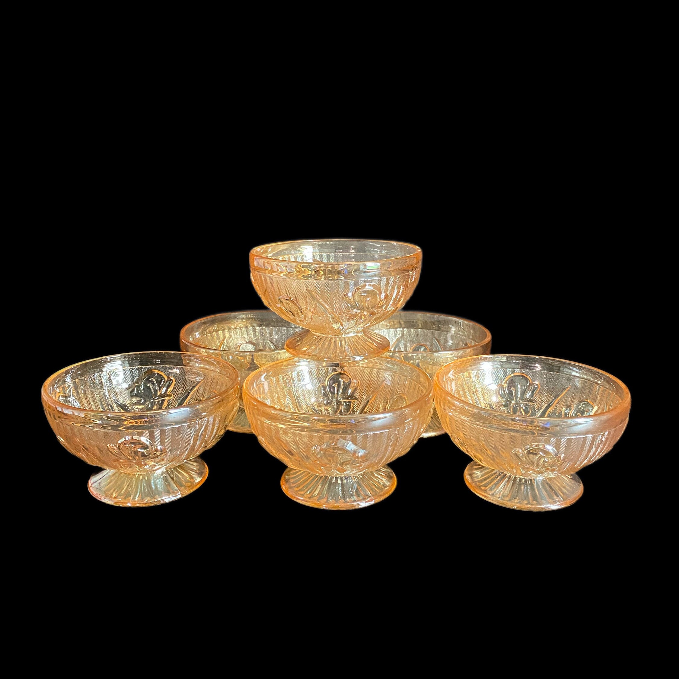 Jeanette Iris & Herringbone Carnival Glass Sherbet Dishes - Set of