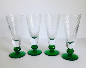 Set Of Four Spiral Twist Green Wine/Champagne Glasses , Emerald Green Ball Stem Spiral Glasses , Vintage Spiral Crystal W/Green Barware