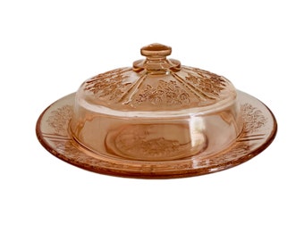 Pink Depression Sharon Butter Dish W/Cover , Pink Cabbage Rose Butter Dish And Cover , Federal Glass Sharon Butter dish With Lid