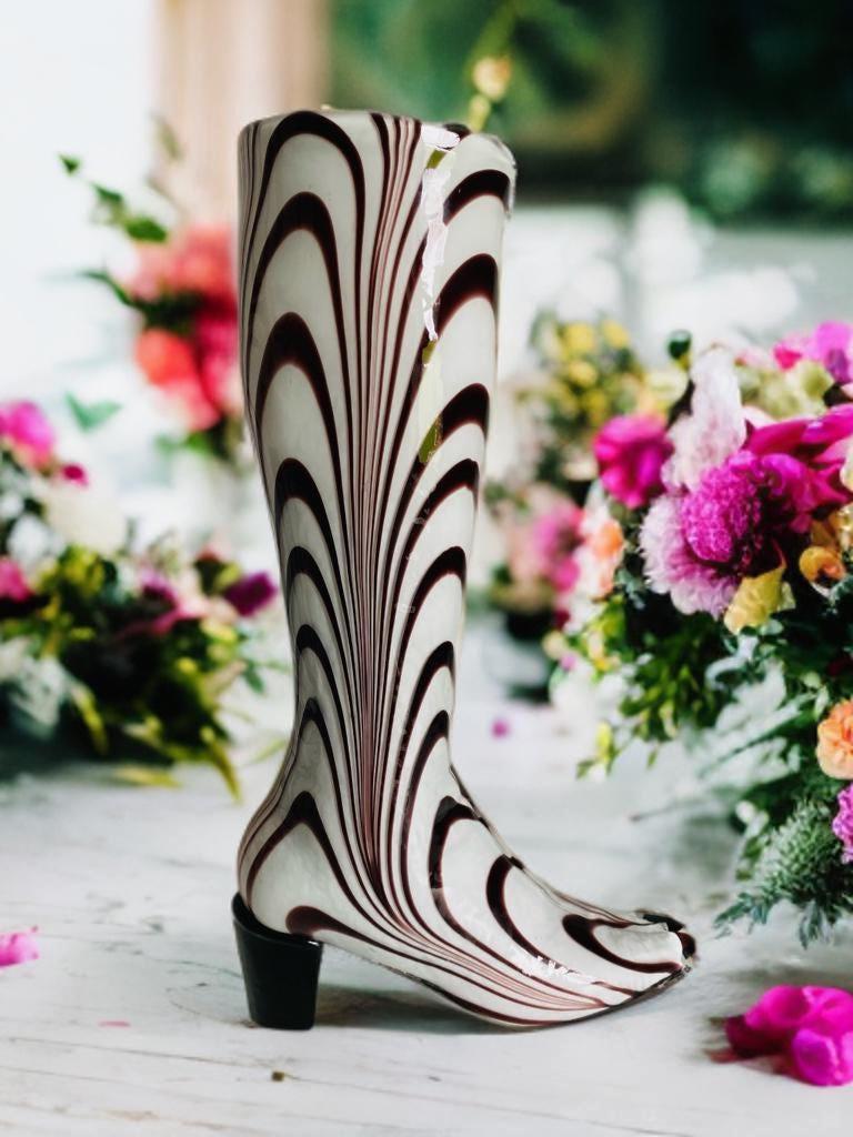 Vintage Murano Style Art Glass Boot Vase: Zebra Stripe Heel Vase