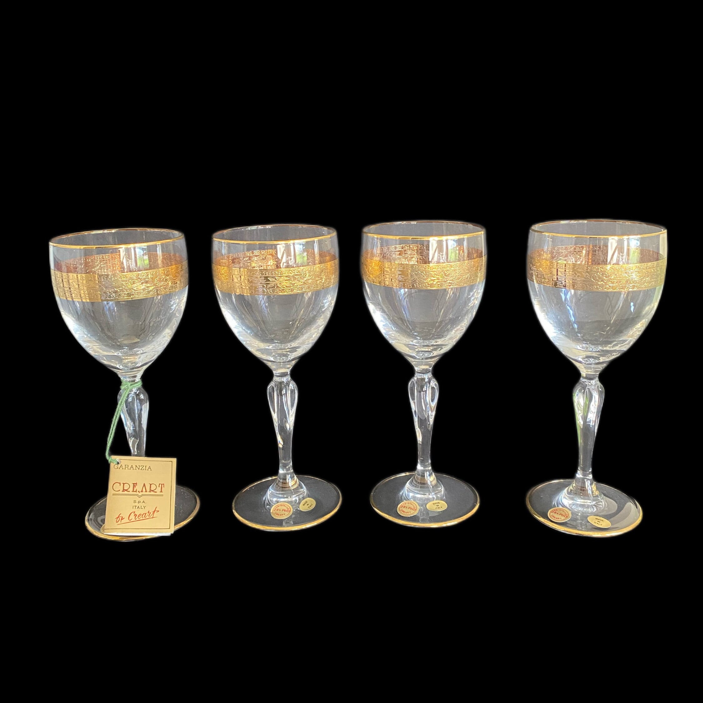 Set of Four Cre Art Crystal Italian Wine Glasses , 24kt