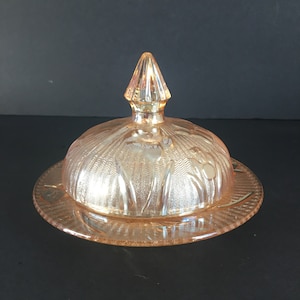 Jeanette Glass Iris And Herringbone Complete Butter Dish , Jeanette Depression Glass Iridescent Iris And Herringbone Butter Dish