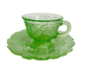 Indiana Glass Avocado Tea/Coffe Cup With Plate , Green Depression Glass Advocado/Sweet Pear Footed Cup With Matching Plate