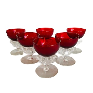 Set Of Six Morgantown Ruby Chanticloer Liquor/ Cocktail Glasses , Morgantown Carmen Red Rooster Stemmed Cocktail/Champagne Glasses