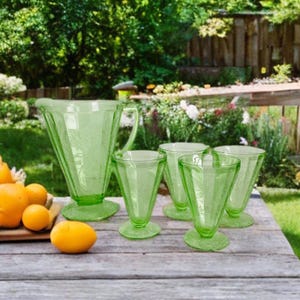 Jeanette Floral Depression Serving Pitcher Set, Green Floral/Poinsettia Footed Tumblers With Footed Cone Pitcher ,Vintage Depression Pitcher