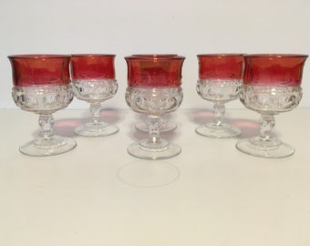 Set Of Six Tiffin Franciscan Kings Crown WIne Goblets , Ruby Flash Kings Crown Glasses/Goblets , Ruby Flashed Thumbprint Goblets