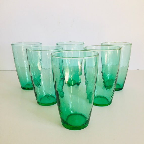 Set of Six Libbey Green Drinking Glasses , Libbey Green Swirl Glasses/tumblers  , Vintage Green Libbey Water Glasses 