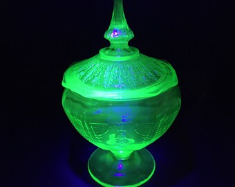 Hocking Glass Princess Candy Jar , Green Depression Glass Princess Candy W/Lid , Hocking Original Depression Glass Princess Candy Dish