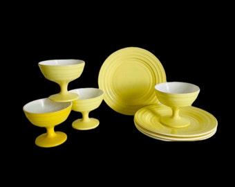 Hazel Atlas Moderntone Dessert Sherbets with Sherbet plates , Moderntone Platonite Yellow Sherbet Dishes , Depression Glass Sherbets