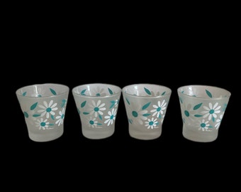 Set Of Four Frosted Daisy Cocktail Glasses , MCM Frosted Tumblers Signed By Paula , Vintage Flowered Whiskey Glasses , MCM Barware