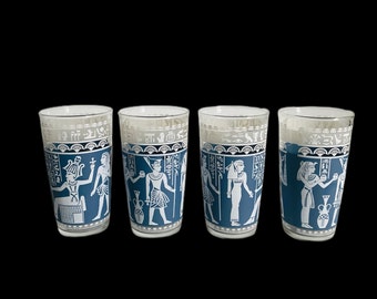 Set of 4 Hazel Atlas Wedgwood Blue Egyptian Tumblers , Blue Egyptian Cocktail Glasses With Hieroglyphs  , Vintage Barware Glasses