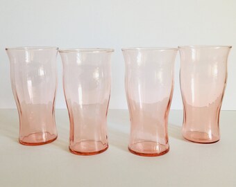 Set Of Four Pink Tiffin Franciscan Glasses , Pink Optic Juice /water Glasses , Pink Optic Flat Bottom Glasses , Vintage Gift Idea