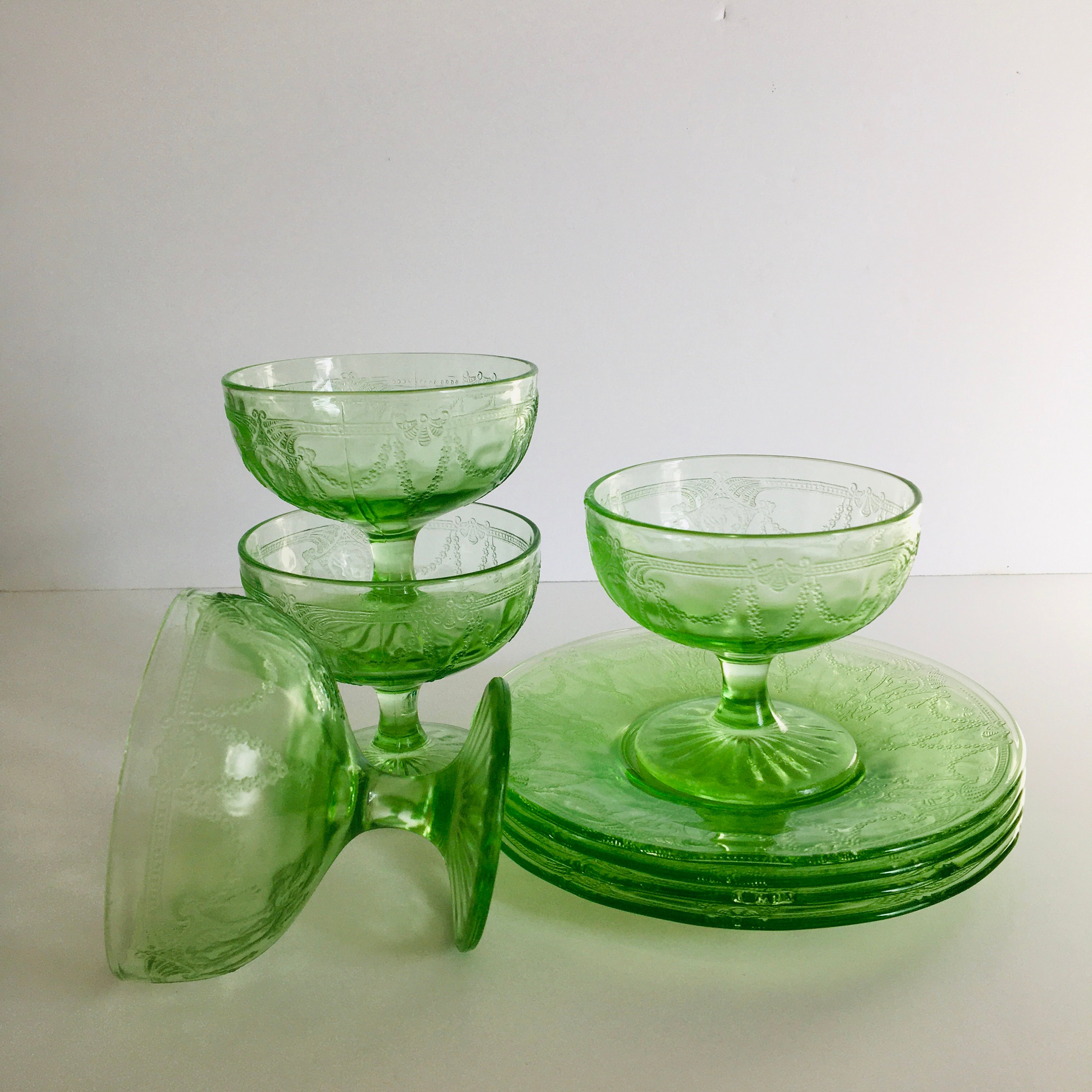 5 Green Depression Footed Cone Tumblers Rose Cameo Vintage 1930s - www ...
