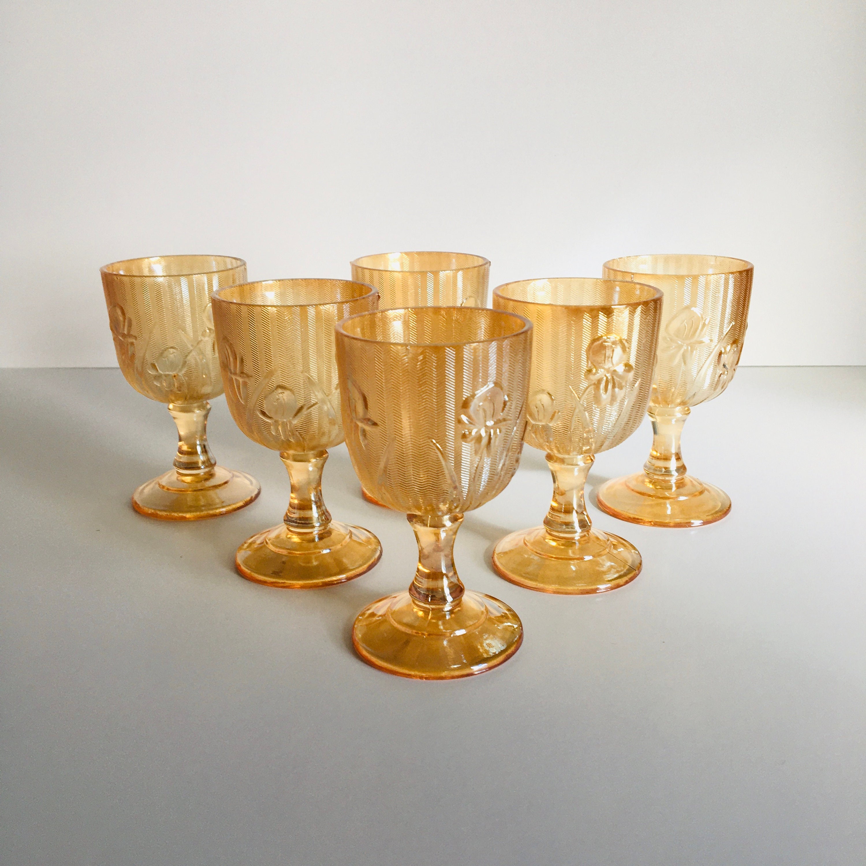 Set Of Six Jeanette Glass Iris And Herringbone 4" Wine Goblets , Iridescent Iris And Herringbone Wine Goblets,Depression Glass Wine Goblets