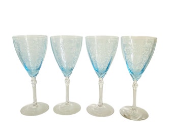 Set Of 4 Fostoria Versailles Water Goblets , Azure Blue Versailles Crystal Water Goblers , Versailles Etch 278 # 5098 Azure Blue Goblets