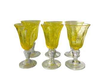 Set Of Six Val De Pome Saba Yellow Wine Goblets , Christophe Saba Biot Seeded Wine Glasses , Biot France Blown Saba Bubble Goblets