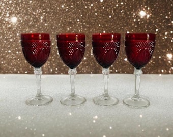 Set Of Four French Ruby Red Cristal D Arques Wine Goblets , Red Luminarc Arcoroc Durand Wine Glasses , Vintage Red Elegant Stemware