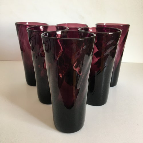Set Of 6 Amethyst Hand Blown Swirl Glasses , Antique Amethyst/Purple Optic Spiral Glasses , Hand Blown Amethyst shops Barware W/Pontil Mark