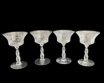Set Of Four Cambridge Chantilly Saucer Champagne Glasses , Cambridge High Sherbet Crystal Saucer Champagne Glasses , Crystal Wedding Glasses