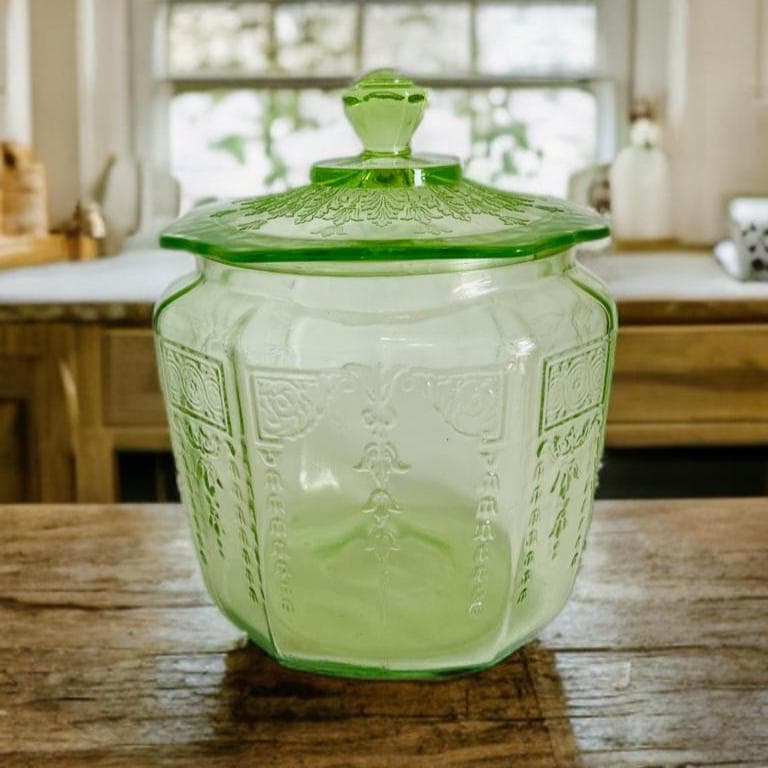 Hocking Glass Green Depression Princess Cookie Jar W/lid/princess