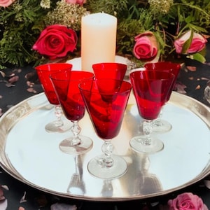 Juego de 6 copas de vino tinto rubí, copas de vino de rubí sopladas a mano, copas de bola de cristal rojo rubí antiguas/vintage