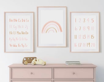 Nursery printable wall art | Set of 3 boho rainbow & alphabet print | Baby room digital prints download | Neutral color palette