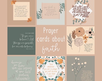 Puede incluir: Nueve tarjetas de oración imprimibles sobre la fe con diseños florales y citas inspiradoras. Las citas incluyen versículos de la Biblia como "Si puedes creer, todo es posible para el que cree." y "Ahora bien, la fe es la certeza de lo que se espera, la convicción de lo que no se ve."