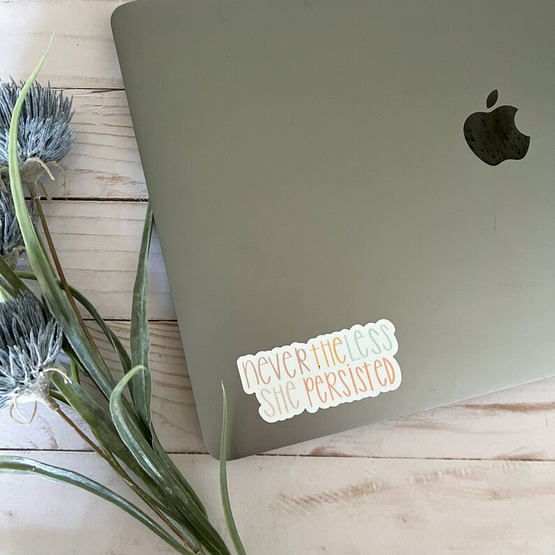 May include: A sticker with the text "nevertheless she persisted" in a rainbow colour scheme, placed on a silver laptop.