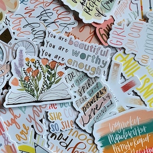 May include: A collection of colorful stickers with inspirational messages and illustrations. The stickers feature phrases like "You are beautiful", "You are worthy", "You are enough", "For God", "Spirit", "Power & Love", and "Waymaker".