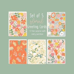 Cartes de voeux faites main | Blanc à l'intérieur | Jeu de 5 cartes | Cartes postales florales
