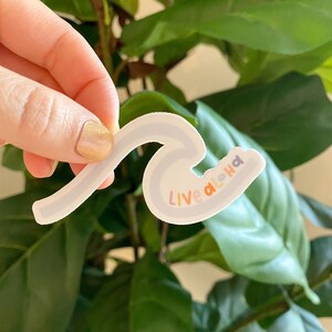 May include: A white sticker with a blue wave design and the text "Live Aloha" in rainbow colors.