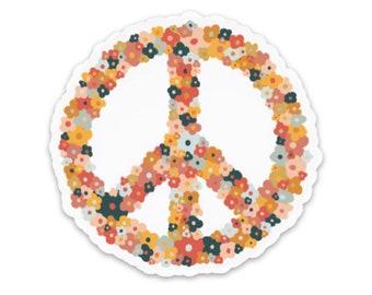 May include: A peace sign made of colorful flowers in shades of red, yellow, blue, green, and pink.
