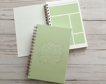 May include: A green spiral bound journal with a quote from the Bible, "For God gave us not a spirit of fear; but of power, and of love, and of a sound mind." 2 Timothy 1:7, printed in white on the front cover.